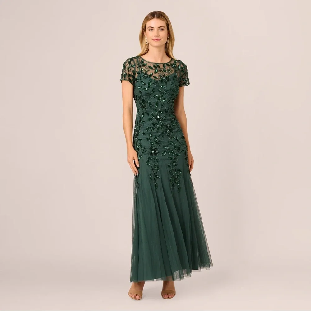 Adrianna Papell Emerald Green Beaded Evening Gown Size 14 NWT Formal MOB Dress